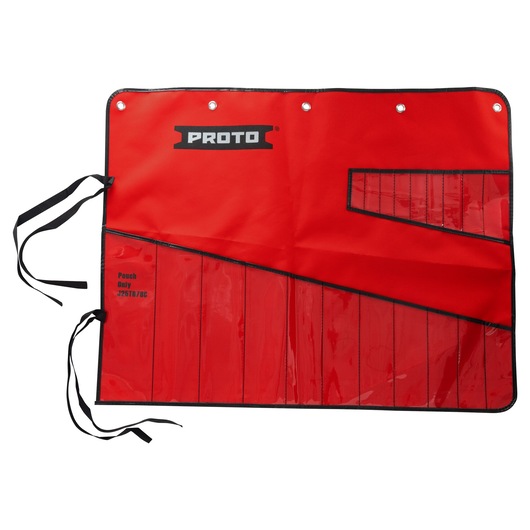 PROTO J25TR78C red tool pouch with clear pockets and black trim, shown flat with tie straps, front angle.