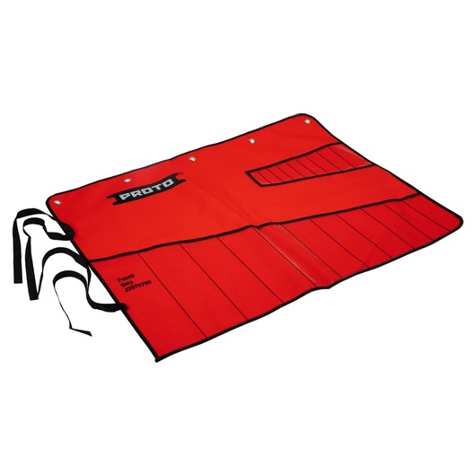 Photo of PROTO J25TR78C red tool roll pouch with multiple pockets and black trim, shown at an angle on white background.