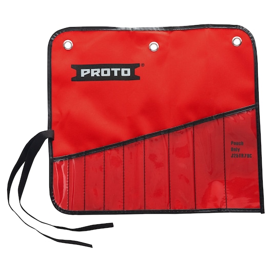 PROTO J25TR79C red tool pouch with black trim, multiple clear pockets, three metal grommets, ties on left side, front angle.
