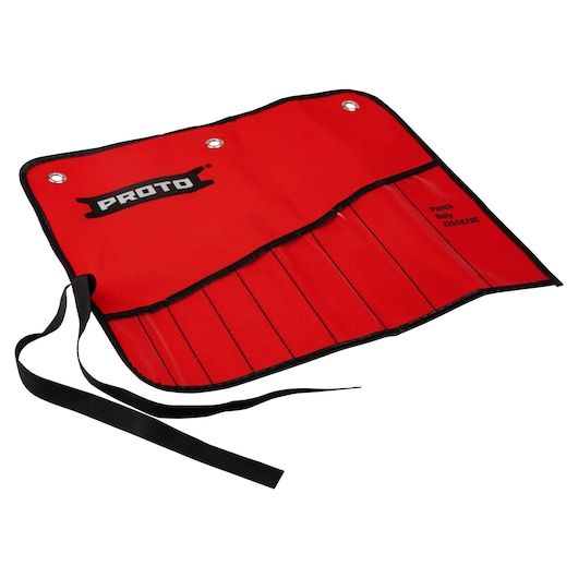 PROTO J25TR79C red tool pouch with black trim and tie, multiple slots, angled on white background.