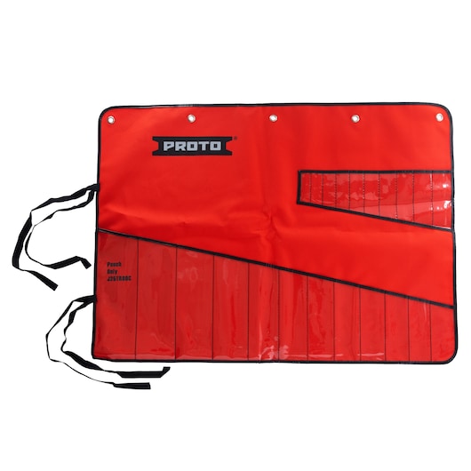 PROTO J25TR80C red tool roll pouch with multiple clear pockets and black trim, photography on white background.