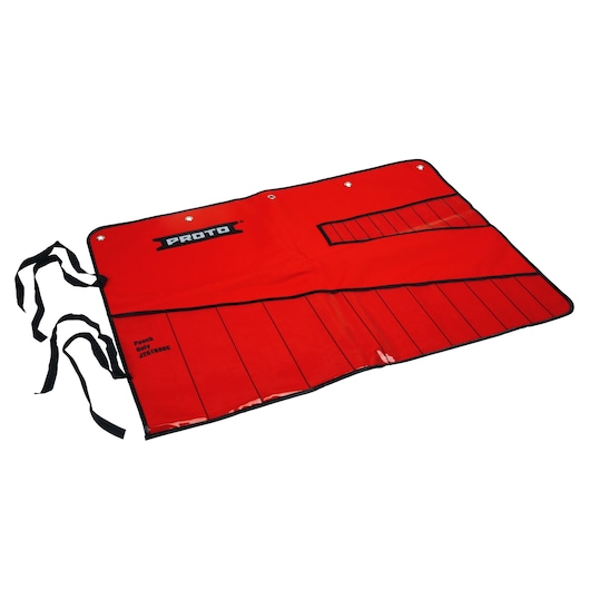 PROTO J25TR80C red tool roll with multiple pockets and black trim, shown flat on a white background.