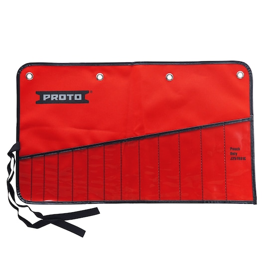 Photo of red PROTO tool pouch with multiple slots, black trim, grommets, and SKU J25TR81C, front angle on white background.