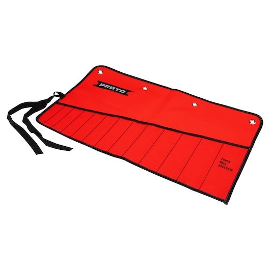 PROTO red tool pouch with multiple slots, SKU J25TR81C, black trim and tie, angled on white background.