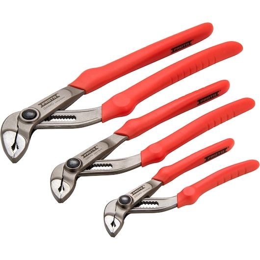 PROTO J260MGS water pump pliers set with three silver tools, red ergonomic handles, side view on white background.