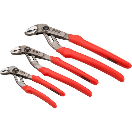 PROTO J260MGS groove joint pliers set, three pairs with red non-slip handles, side angle, white background.