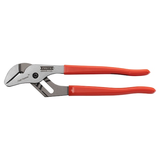 PROTO J260SGXL adjustable tongue and groove pliers with red handles, side angle, on white background.