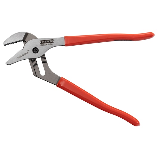 PROTO J260SGXL tongue-and-groove pliers with red handles, side angle on white background.