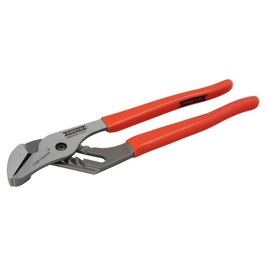 PROTO J260SGXL straight jaw groove joint pliers with red handles, angled view on white background.