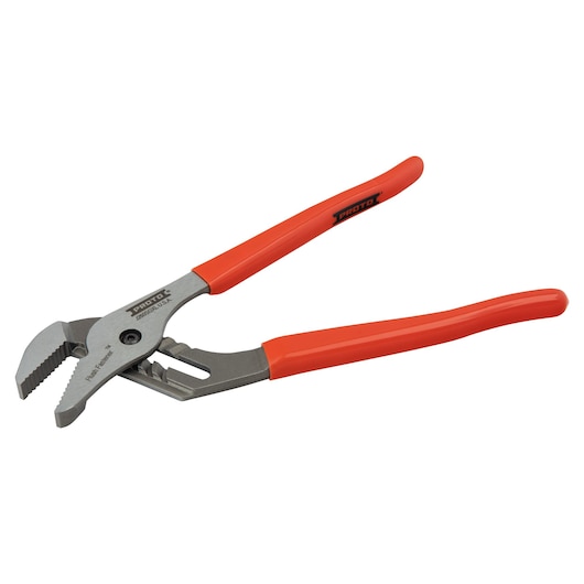 PROTO J260SGXL adjustable pliers with orange handles, side angle, photography on white background.