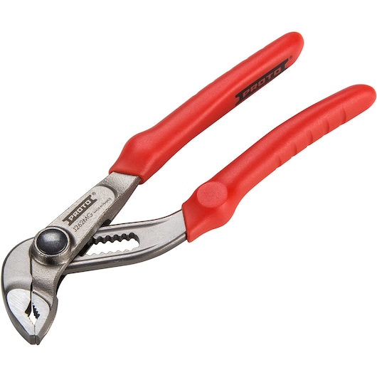 PROTO J262MG adjustable groove joint pliers with red handles, side view on white background.