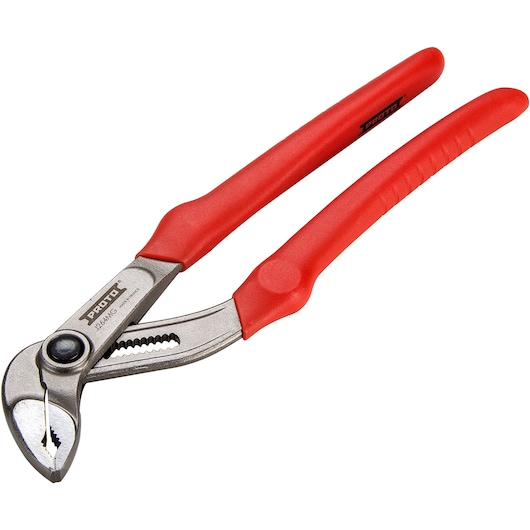 PROTO J264MG tongue and groove pliers with red handles, side angle on white background.