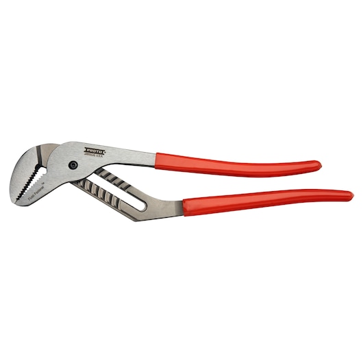 PROTO J265SGXL adjustable tongue and groove pliers with red handles, side angle on white background.
