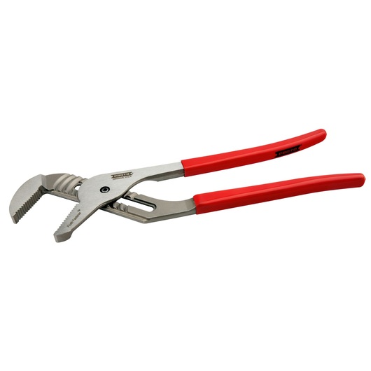 PROTO J265SGXL groove joint pliers with red handles, side angle on white background.