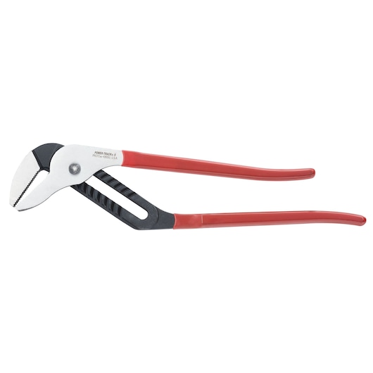 PROTO J265SG tongue and groove pliers with red handles, side angle, on white background.
