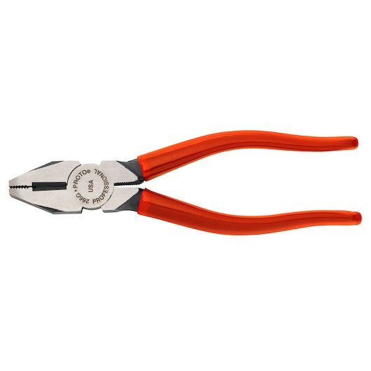 PROTO J266G linesman pliers with orange handles, side view on white background.