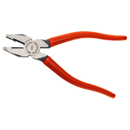 PROTO J266G lineman’s pliers with orange handles, side angle, jaws open on white background.