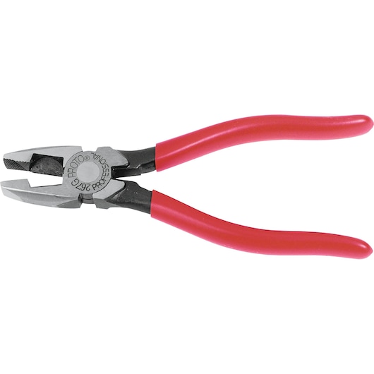 PROTO J267G lineman pliers with red handles, side view, on white background.