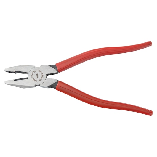 PROTO J268G lineman's pliers with red curved handles, photographed on white background.