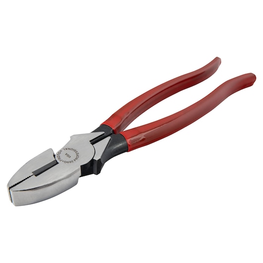 PROTO J269G lineman's pliers with red handles, angled view, on white background.