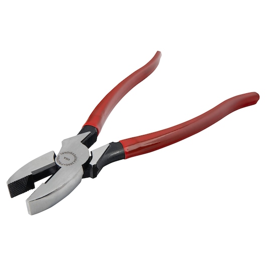 PROTO J269G lineman's pliers with red handles, angled view on white background.