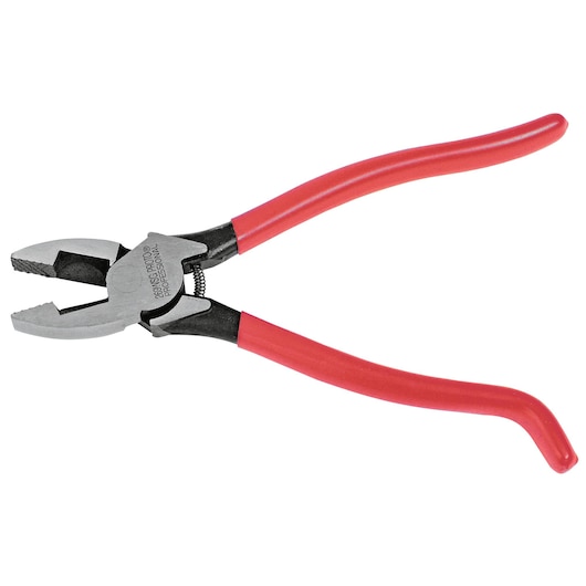 PROTO J269WSG lineman pliers with red handles, side angle on white background.