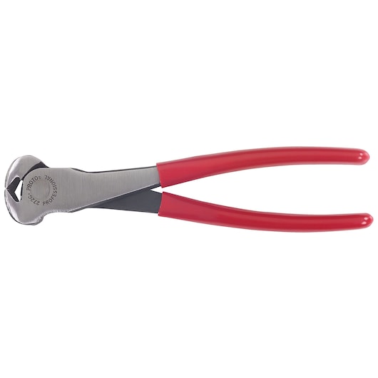 PROTO J272G end cutting pliers with red handles, side view on white background