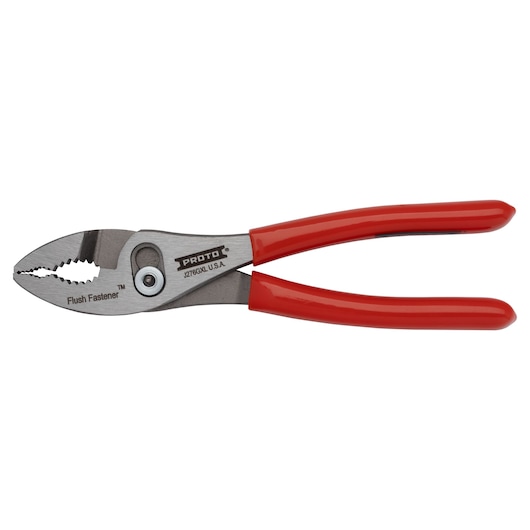 Photo of PROTO J276GXL pliers with red handles and flush fastener, side view on white background.