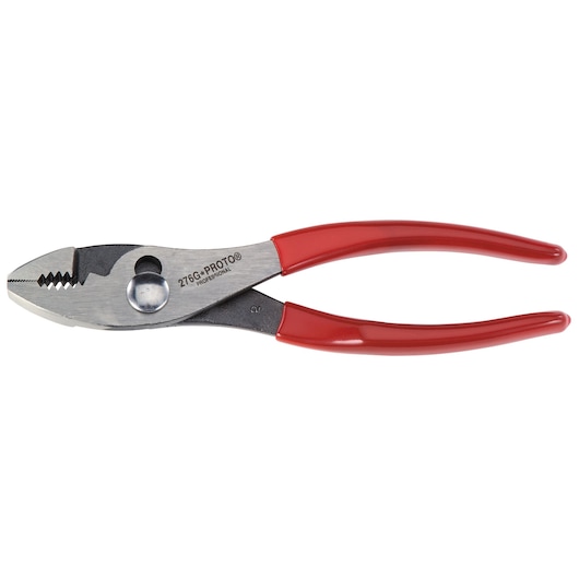 PROTO J276G combination pliers with red handles, side angle on white background.