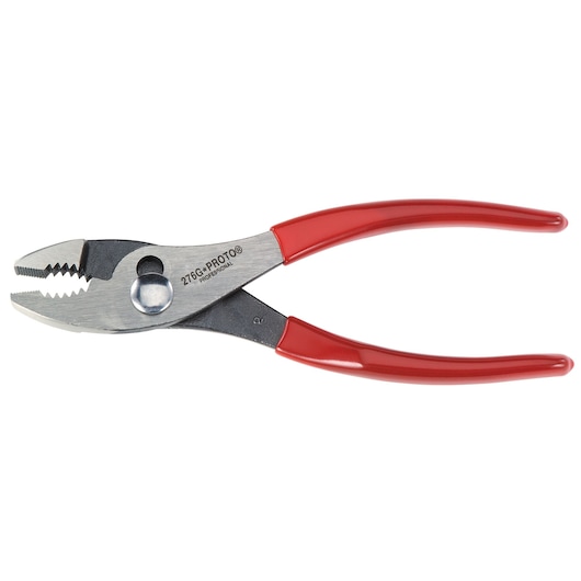 PROTO J276G slip joint pliers with red handles, silver jaws, side view on white background.