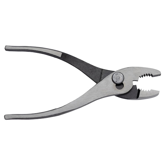 PROTO J276 slip joint pliers with silver jaws and black handles, side view on white background.