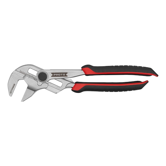 PROTO J277PWGB adjustable pliers with black and red ergonomic handles, side angle on white background.