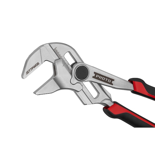 A close-up view of a Proto adjustable pliers with black and red handle. The metal jaws feature measurement markings and the product SKU J277PWGB is engraved on the tool.