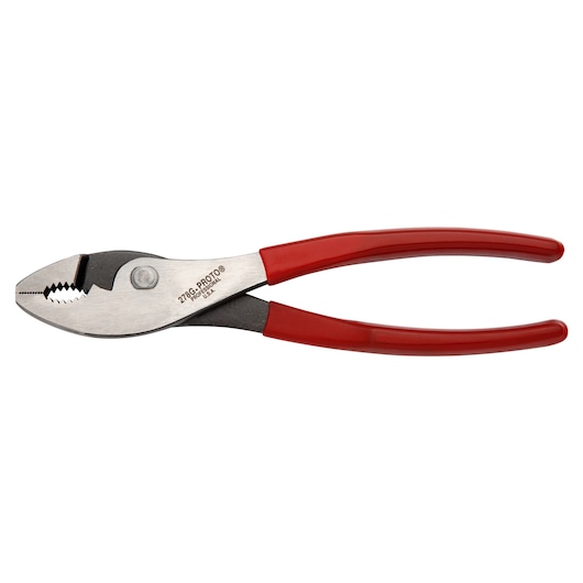 PROTO J278G slip joint pliers with red handles, side angle, on white background.