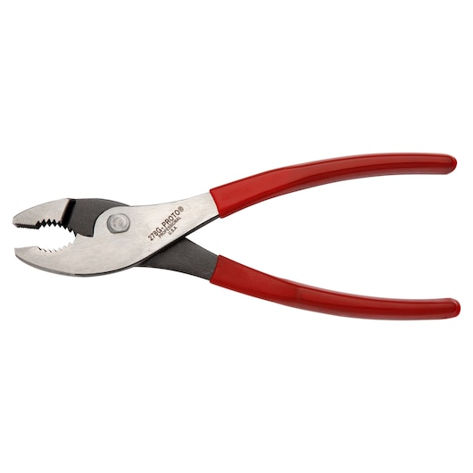PROTO J278G slip joint pliers with red handles, side angle on white background.