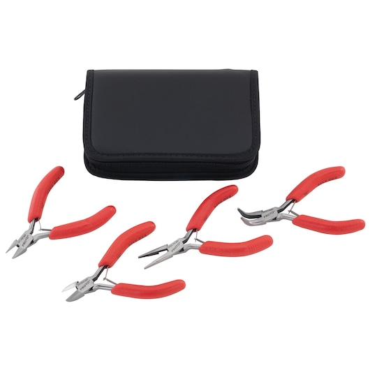 PROTO J2804SMP plier set with red handles, four assorted pliers and black zippered case, front view on white background.