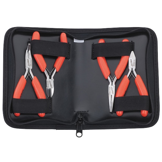 Photo of PROTO J2804SMP mini pliers set with red handles in a black zippered case, top view.