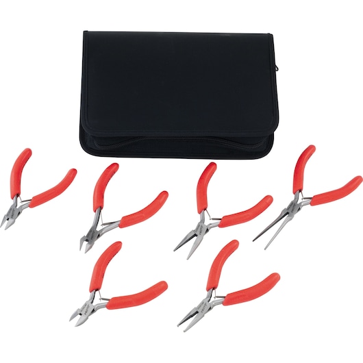 PROTO J2806SMP mini pliers set with six pliers and black zippered pouch, flatlay on white background.
