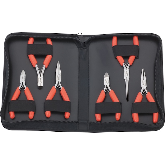 PROTO J2806SMP pliers set with red handles in black zippered case, photographed from above.
