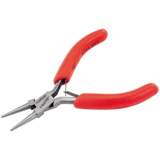 Photo of PROTO J2856RNMP round nose pliers with red ergonomic handles, angled on white background.