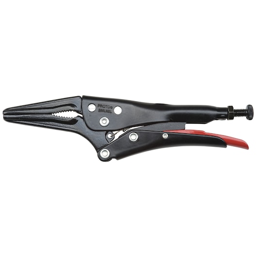 PROTO J286LNXL long nose locking pliers, black and red, side angle on white background.