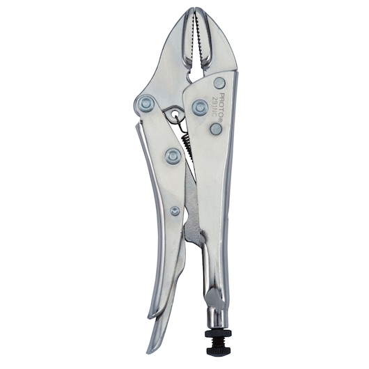 PROTO J291NC locking pliers, silver finish, textured jaws, side angle on white background.