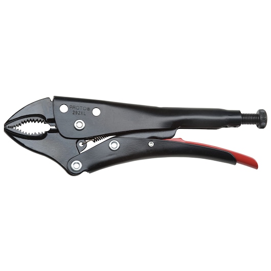 PROTO J292XL locking pliers with black finish and red handle tip, side view on white background.