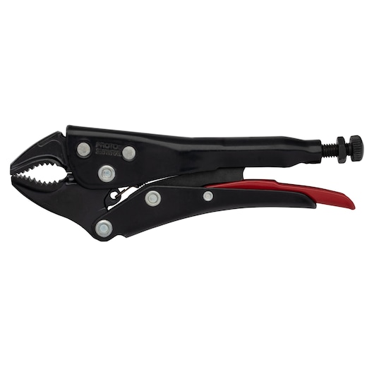 PROTO J293WRXL locking pliers with black body, serrated jaws, and red handle, side view on white background.