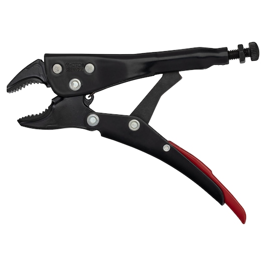 PROTO J293WRXL locking pliers with curved jaws, black and red handle, side view on white background.