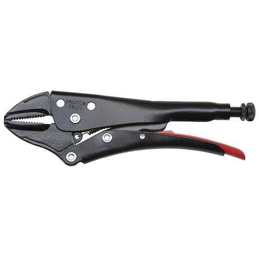 Side angle photo of PROTO J293XL locking pliers with black metal body and red handle accent on white background.