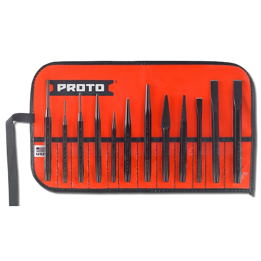 PROTO J2S2 punch and chisel set with twelve black tools in an orange roll-up pouch, photographed from above.