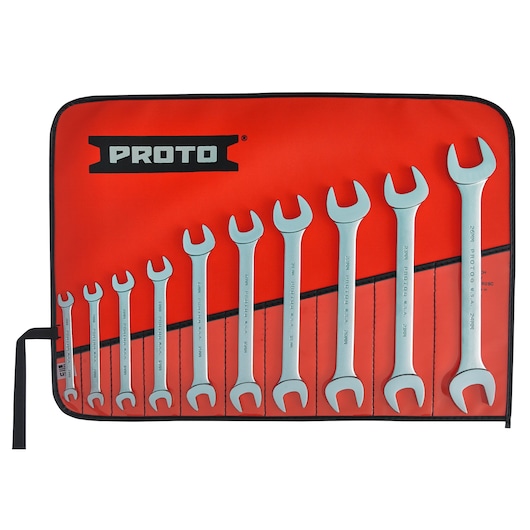 Photo of PROTO J30000A metric open-end wrench set, eleven silver wrenches in red roll-up pouch, front angle.