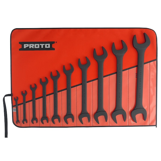 PROTO J3000HB wrench set in roll-up red pouch, eleven open-end wrenches displayed top view, white background.