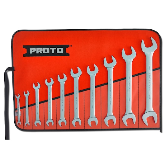 PROTO J3000H wrench set in red tool roll, 12 open-end wrenches displayed upright, front angle.